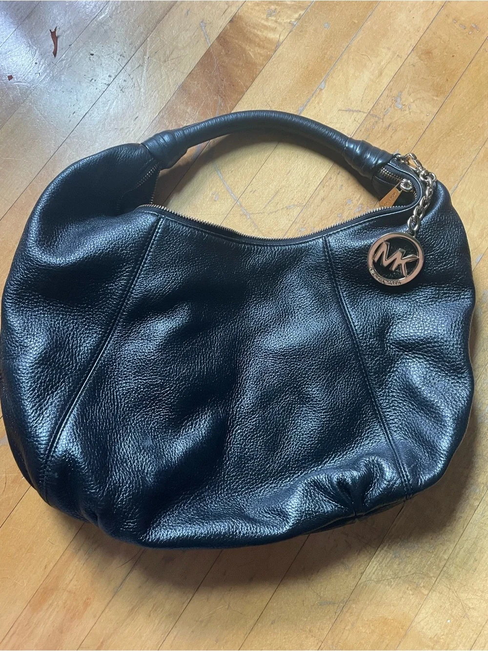 Michael Kors Black Pebbled Leather Hobo with Gold MK Charm